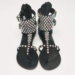 Pre Owned Giuseppe Zanotti Black Suede Crystal Embellished Thong Ankle Cuff Flat Sandals Size 37