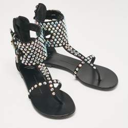Pre Owned Giuseppe Zanotti Black Suede Crystal Embellished Thong Ankle Cuff Flat Sandals Size 37
