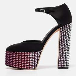 Giuseppe Zanotti Black Satin Crystal Embellished Ankle Strap Sandals 39