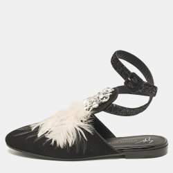 Giuseppe Zanotti Black/Pink Feather and Suede Ankle Strap Mules Size 38