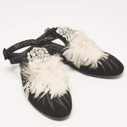 Giuseppe Zanotti Black/Pink Feather and Suede Ankle Strap Mules Size 38