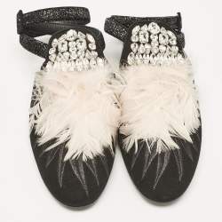 Giuseppe Zanotti Black/Pink Feather and Suede Ankle Strap Mules Size 38