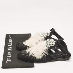 Giuseppe Zanotti Black/Pink Feather and Suede Ankle Strap Mules Size 38