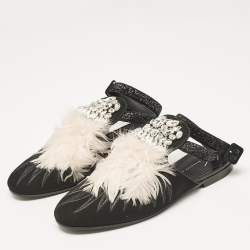 Giuseppe Zanotti Black/Pink Feather and Suede Ankle Strap Mules Size 38