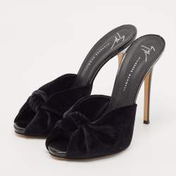 Giuseppe Zanotti Black Velvet Peep Toe Slide Sandals Size 39.5