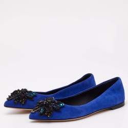 Giuseppe Zanotti Blue Suede Crystal Embellished Ballet Flats Size 36