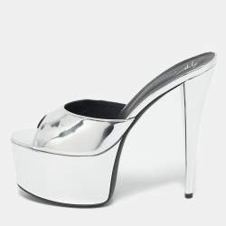 Giuseppe Zanotti Silver Leather Platform Slide Sandals Size 41