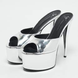Giuseppe Zanotti Silver Leather Platform Slide Sandals Size 41