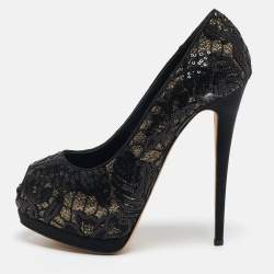Giuseppe Zanotti Black Glitter and Sequins Peep Toe Pumps Size 39.5