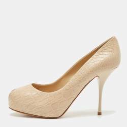 Pre Owned Giuseppe Zanotti Beige  Croc Embossed Leather Sharon Peep Toe Platform Pumps Size 41