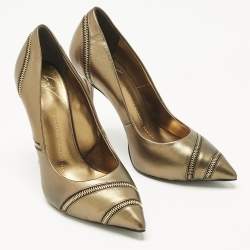 Pre Owned Giuseppe Zanotti Bronze Metallic Leather Zipper Accent Pumps Size 37