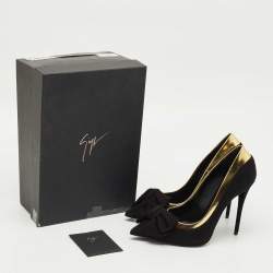 Pre Owned Giuseppe Zanotti Black/Gold Suede and Leather Bow Pumps Size 37.5