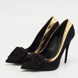 Pre Owned Giuseppe Zanotti Black/Gold Suede and Leather Bow Pumps Size 37.5
