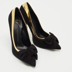 Pre Owned Giuseppe Zanotti Black/Gold Suede and Leather Bow Pumps Size 37.5