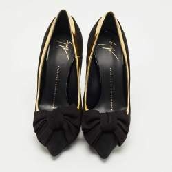 Pre Owned Giuseppe Zanotti Black/Gold Suede and Leather Bow Pumps Size 37.5