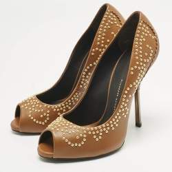 Pre Owned حذاء كعب عالي جوسيبي زانوتي جلد بني مرصع مقدمة مفتوحة مقاس 38