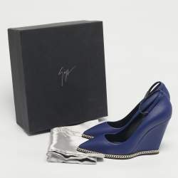 مملوكة مسبقًا حذاء كعب عالي جوسيبي زانوتي جلد أزرق مع سلسلة إسفين مقاس 37.5