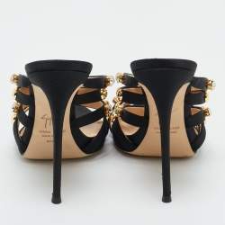 Pre Owned Giuseppe Zanotti Black Satin Camilla Crystal Slide Sandals Size 38.5
