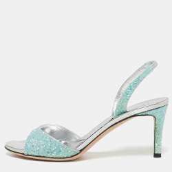 Pre Owned Giuseppe Zanotti Lilibeth Size 37 Aqua Blue Glitter Slingback Sandals