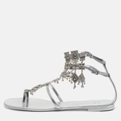 Pre Owned Giuseppe Zanotti Amira Size 37 Silver Leather Charm Embellished Gladiator Flat Sandals