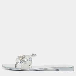 Pre Owned Giuseppe Zanotti Turchesite Size 37 White Suede Crystal Embellished Flat Slide Sandals