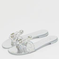 Pre Owned Giuseppe Zanotti Turchesite Size 37 White Suede Crystal Embellished Flat Slide Sandals