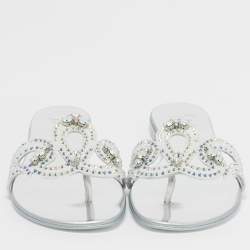 Pre Owned Giuseppe Zanotti Turchesite Size 37 White Suede Crystal Embellished Flat Slide Sandals