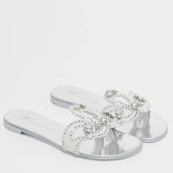 Pre Owned Giuseppe Zanotti Turchesite Size 37 White Suede Crystal Embellished Flat Slide Sandals