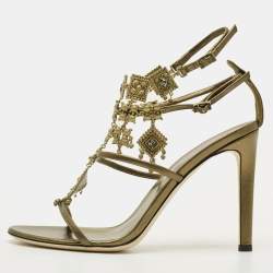 Pre Owned Giuseppe Zanotti Amira Size 37 Olive Green Leather Charm Embellished Gladiator Sandals