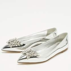 Pre Owned Giuseppe Zanotti Size 38 Silver Leather Crystal Embellished Ballet Flats