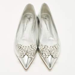 Pre Owned Giuseppe Zanotti Size 38 Silver Leather Crystal Embellished Ballet Flats