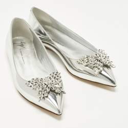 Pre Owned Giuseppe Zanotti Size 38 Silver Leather Crystal Embellished Ballet Flats