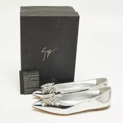 Pre Owned Giuseppe Zanotti Size 38 Silver Leather Crystal Embellished Ballet Flats