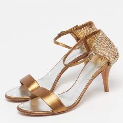 Pre Owned Giuseppe Zanotti Size 38.5 Gold Leather Crystal Embellished Ankle Strap Sandals