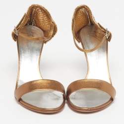 Pre Owned Giuseppe Zanotti Size 38.5 Gold Leather Crystal Embellished Ankle Strap Sandals
