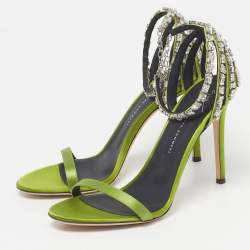 Pre Owned Giuseppe Zanotti Adele Size 38 Green Satin Crystal Embellished  Ankle Strap Sandals