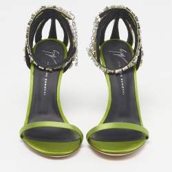 Pre Owned Giuseppe Zanotti Adele Size 38 Green Satin Crystal Embellished  Ankle Strap Sandals