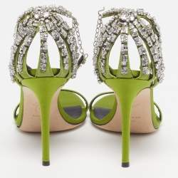 Pre Owned Giuseppe Zanotti Adele Size 38 Green Satin Crystal Embellished  Ankle Strap Sandals