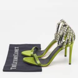 Pre Owned Giuseppe Zanotti Adele Size 38 Green Satin Crystal Embellished  Ankle Strap Sandals