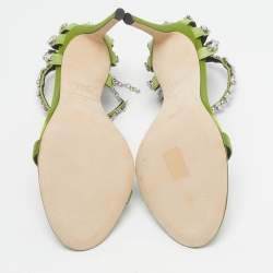 Pre Owned Giuseppe Zanotti Adele Size 38 Green Satin Crystal Embellished  Ankle Strap Sandals