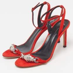 Pre Owned Giuseppe Zanotti Size 38 Red Suede Crystal Embellished Ankle Strap Sandals