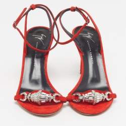 Pre Owned Giuseppe Zanotti Size 38 Red Suede Crystal Embellished Ankle Strap Sandals