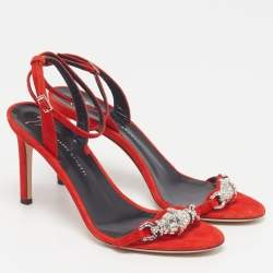 Pre Owned Giuseppe Zanotti Size 38 Red Suede Crystal Embellished Ankle Strap Sandals