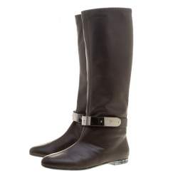 مملوكة مسبقًا Giuseppe Zanotti Brown  Leather Logo Plaque Flat Over the Knee Boots Size 38