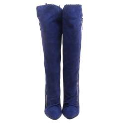 Pre Owned Giuseppe Zanotti Blue Suede Guaz Fur Lined Wedge Knee Boots Size 39