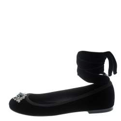 Pre Owned Giuseppe Zanotti Black Velvet Giorgia Crystal Crooch Ankle Wrap Ballet Flats Size 38