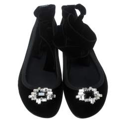 Pre Owned Giuseppe Zanotti Black Velvet Giorgia Crystal Crooch Ankle Wrap Ballet Flats Size 38