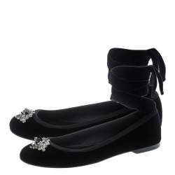 Pre Owned Giuseppe Zanotti Black Velvet Giorgia Crystal Crooch Ankle Wrap Ballet Flats Size 38