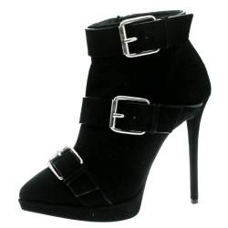 مملوكة مسبقًا Giuseppe Zanotti Black Buckled Suede Platform Ankle Boots Size 38