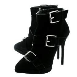 مملوكة مسبقًا Giuseppe Zanotti Black Buckled Suede Platform Ankle Boots Size 38